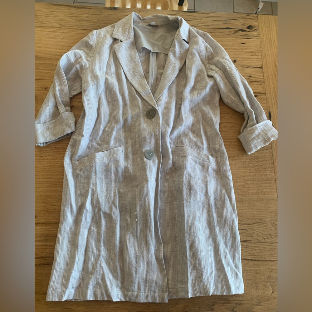 J. Jill Stripes Long Blazer Soft Gray White Women’s Linen Small Preloved